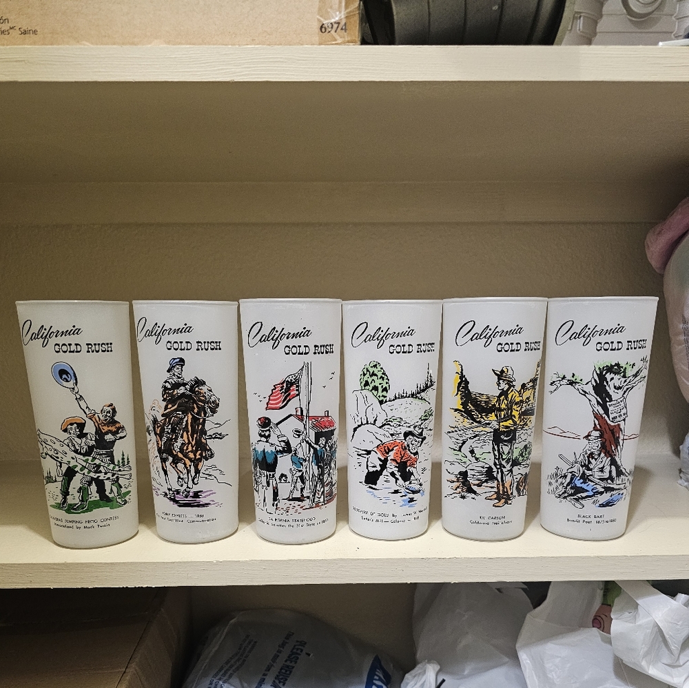 Vintage - California Gold Rush - Frosted Highball Glasses - 6.5" - Set of 6